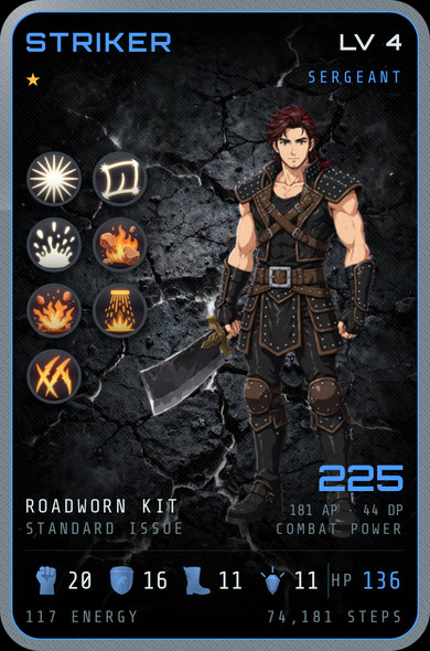 A Striker's hero card at level 4, Sergeant rank, 225 combat power, 74,181 steps
