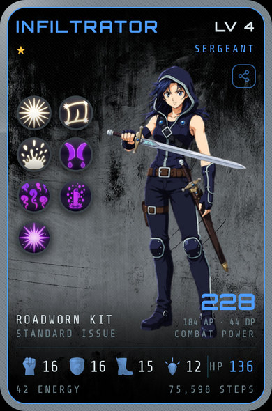An Infiltrator's hero card at level 4, Sergeant rank, 228 combat power, 75,598 steps