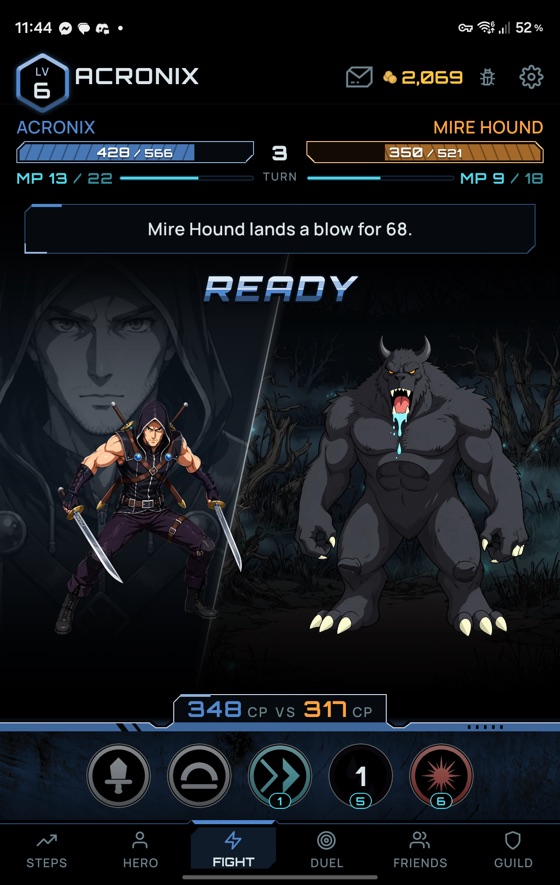 A fight against the Mire Hound on the cover screen, both fighters over the skill bar