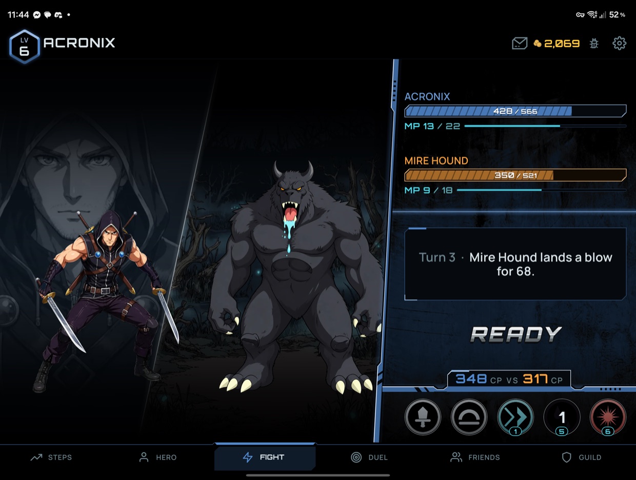 The same fight on the inner display, the fighters beside their health and the turn log