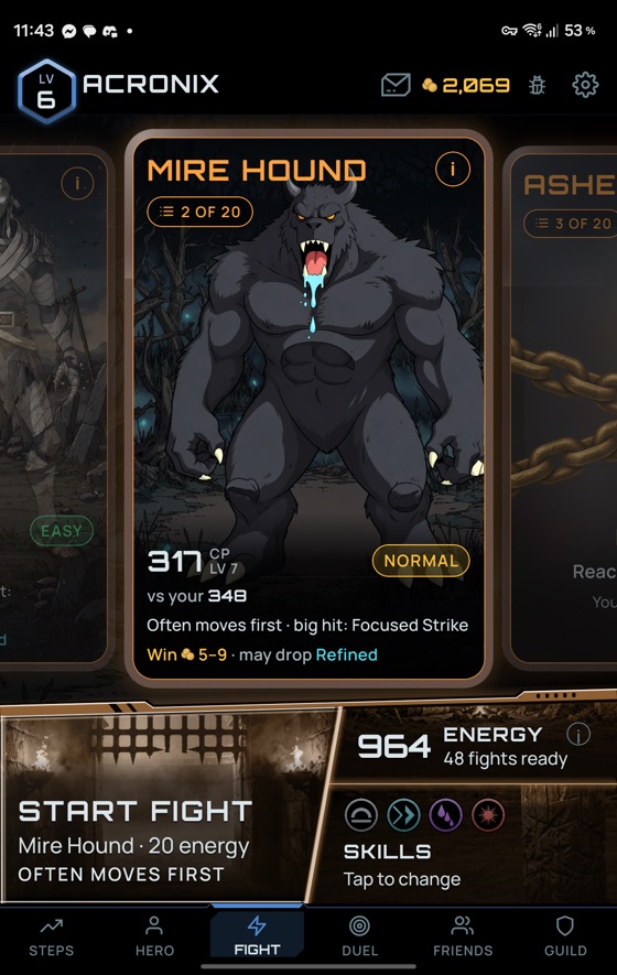 The fight tab on the cover screen, the Mire Hound's card over Start fight, energy and skills