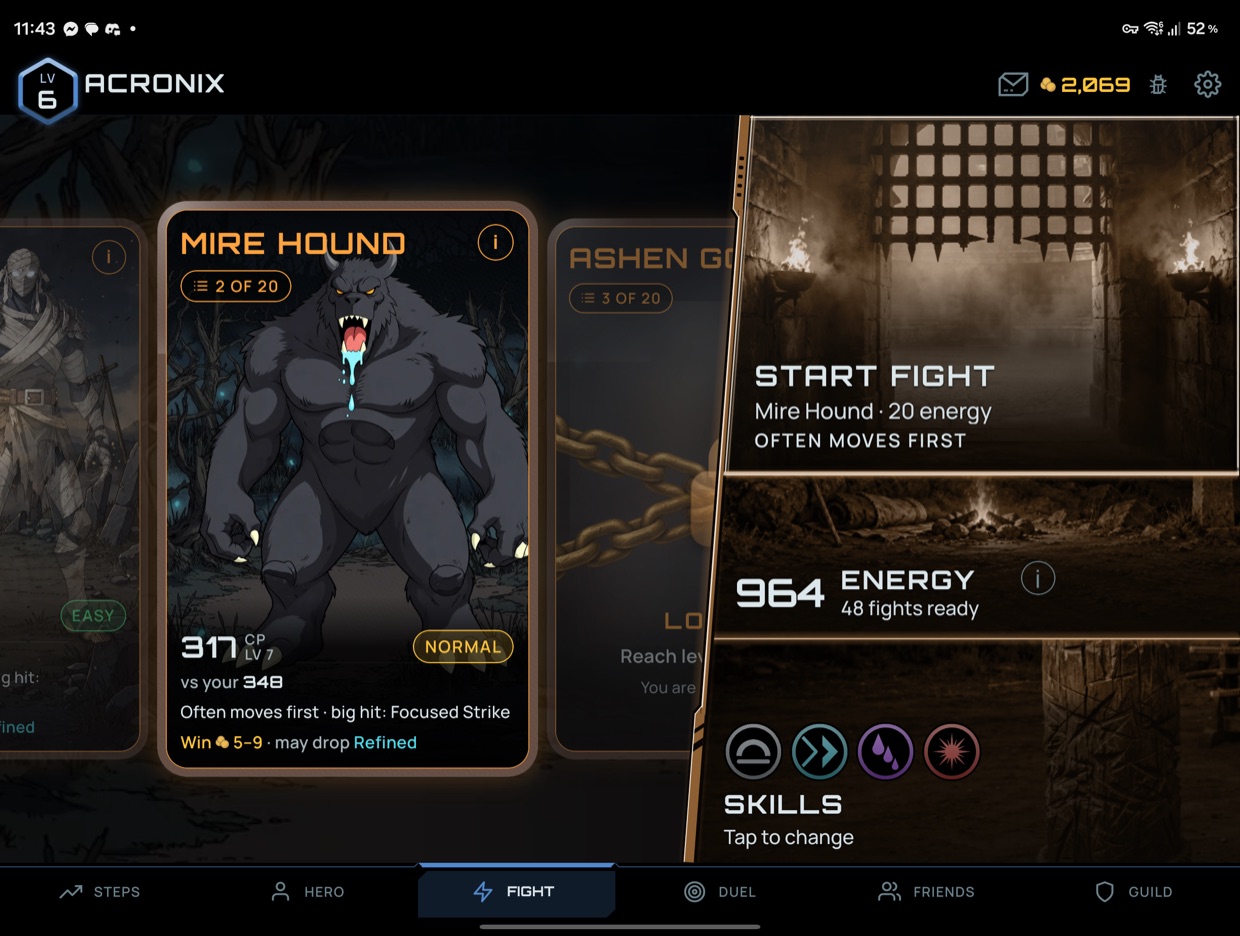 The fight tab on the inner display, the Mire Hound's card beside Start fight, energy and skills