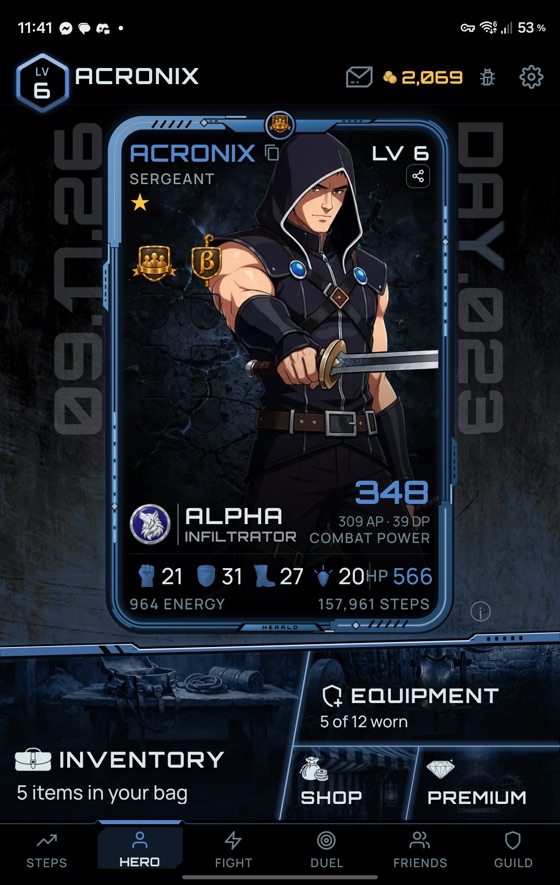 The hero tab on the cover screen, the card over the inventory, equipment, shop and premium tiles
