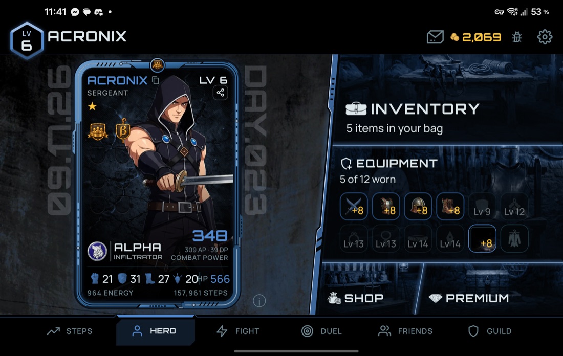 The hero tab on the cover screen sideways, the card beside the inventory and equipment