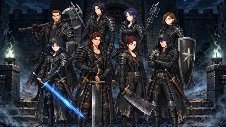 Eight heroes of mixed classes standing in black, studded Nightwarden armour before a dark castle gate, torches burning blue at either side